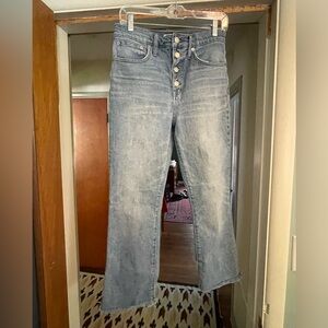 Madewell high-waist, frayed edge, hemmed boot cut jeans.  Button fly (28)